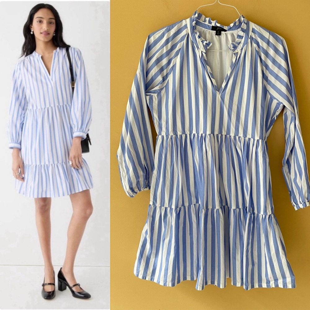 J.CREW Tiered popover dress in striped cotton poplin L6373 S